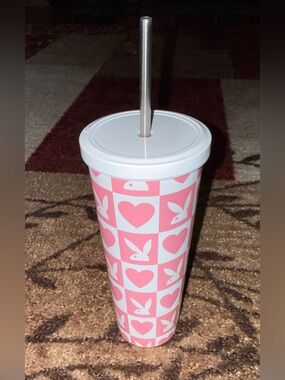 Playboy Pink Heart & Bunny Checkered Stainless Steel Tumbler w/ Straw- New